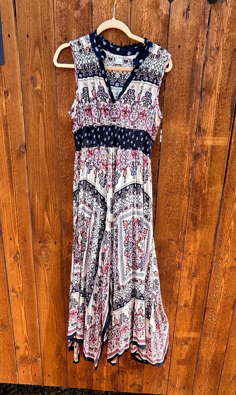 Bila Boho Paisley Midi Dress S Smocked Handkerchief Hem Festival Summer Maxi